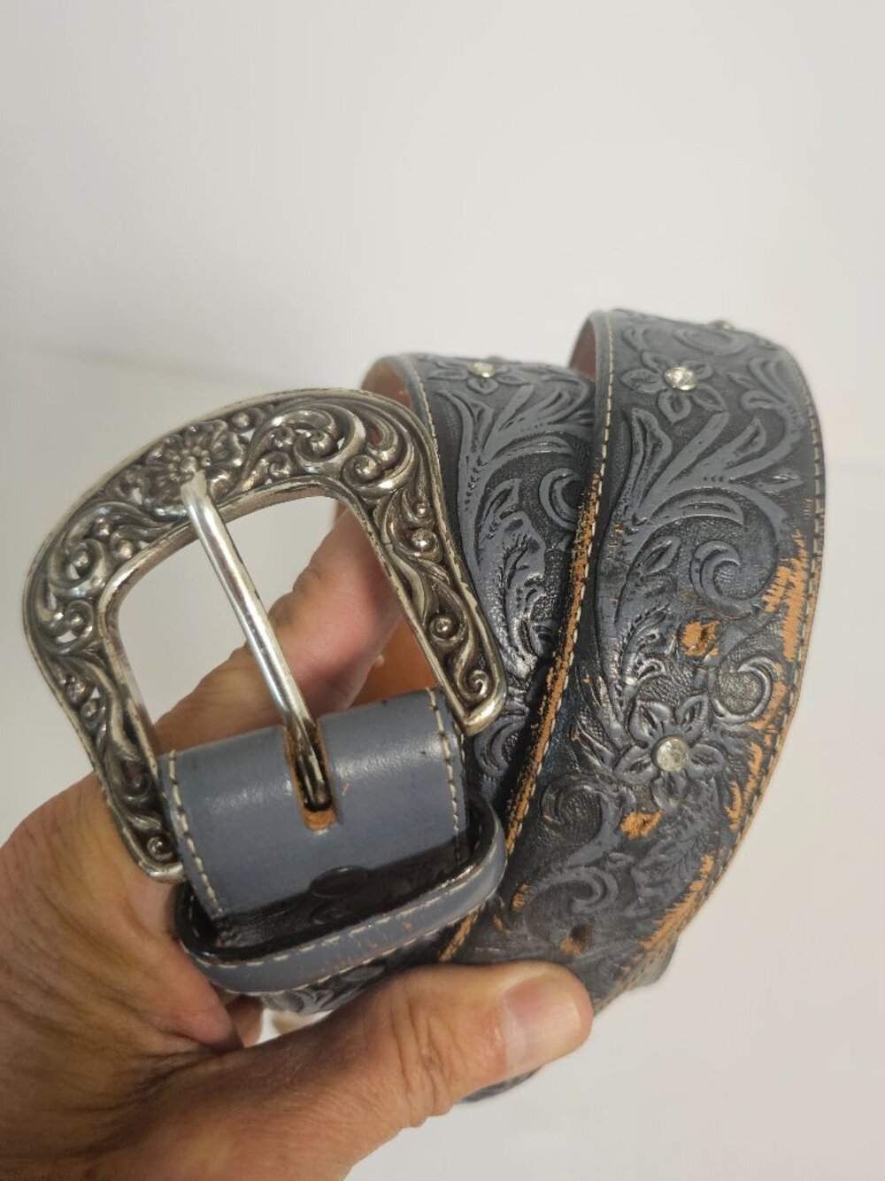 Tony Lama Belt Leather Western Floral Tooled Blue Boho 38